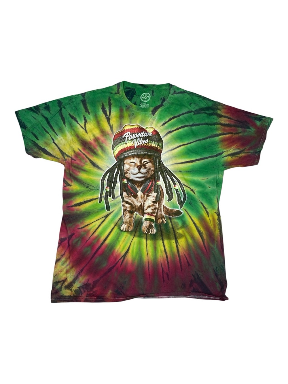 Pawsitive Vibes Rasta Cat Tie Dye Bob Marley Kitten Graphic T-Shirt Size Large